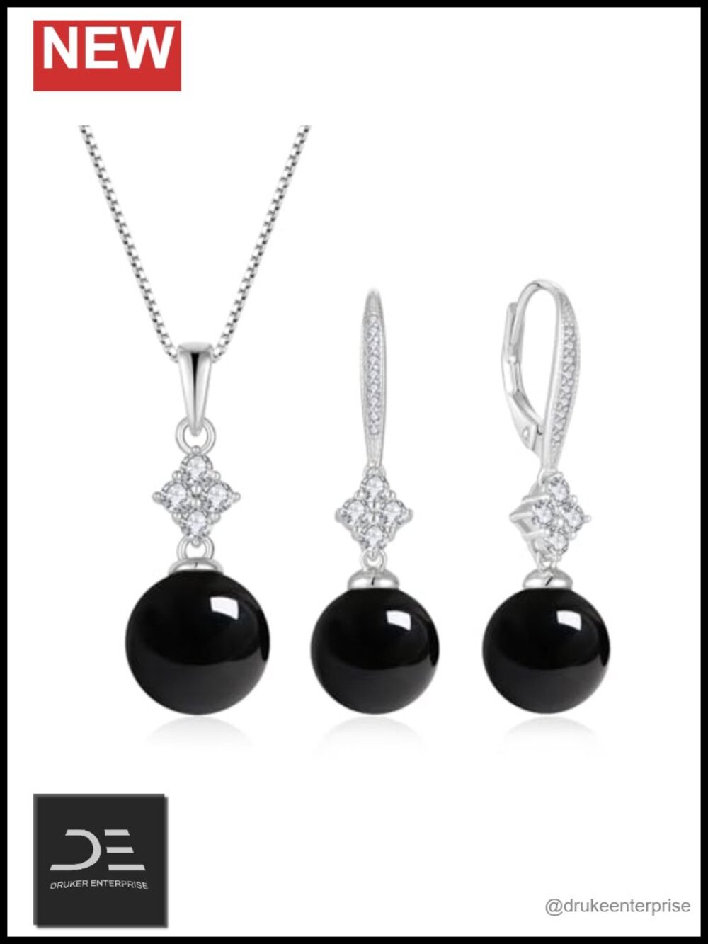 14K White Gold Plated Black Pearl Earrings Necklace Set 925 Sterling Silver